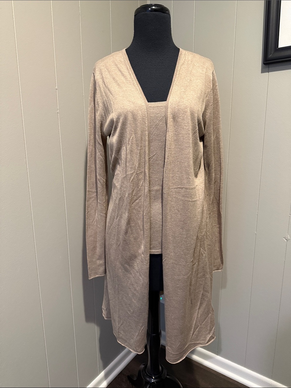 Not Shy Women's Medium/Large Long Open-Front Cardigan and Tank in Light Beige